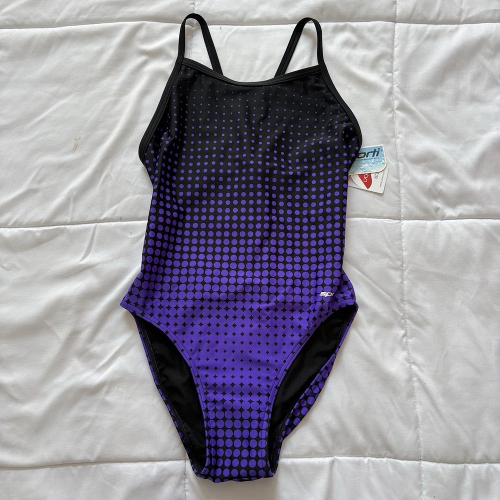 NWT Swimsuit‎ One Piece Womens 34 Racerback Purple Black Polka Dot Summer Beach